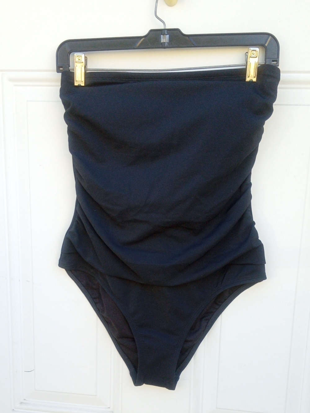 Time and Tru Black Strapless Ruching One-Piece Swimsuit with Subtle Draping